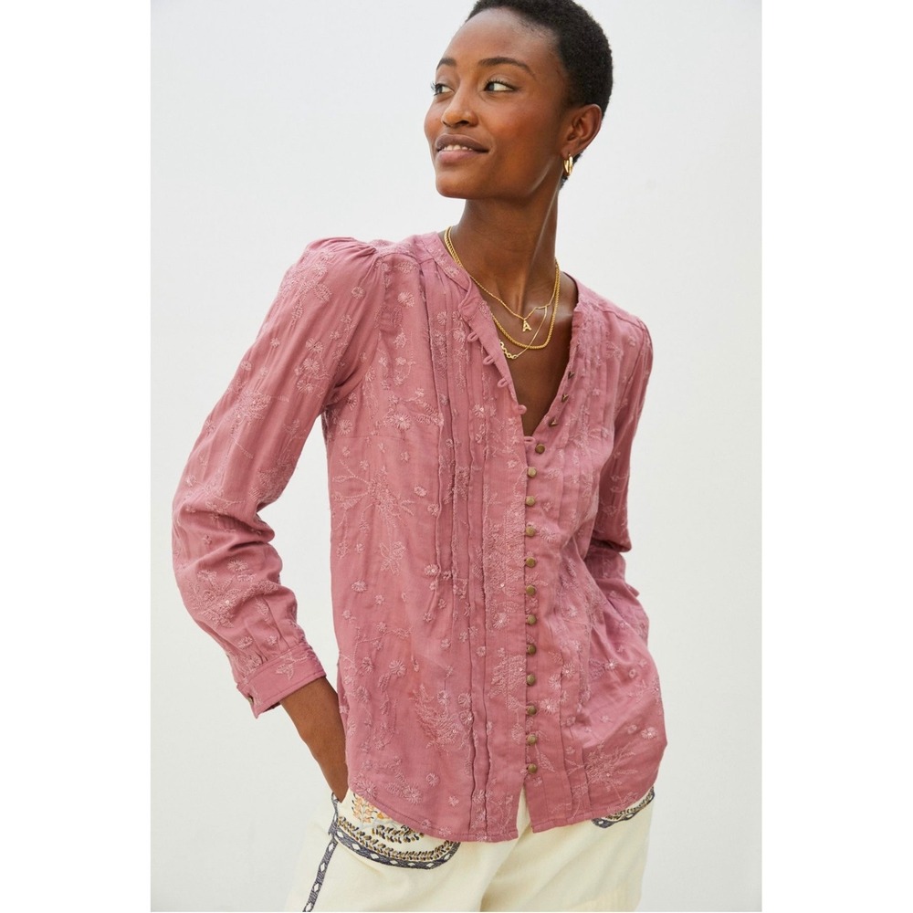 Pilcro Anthropologie Mauve Jolie Pintuked Embroidered Sequin Blouse XS